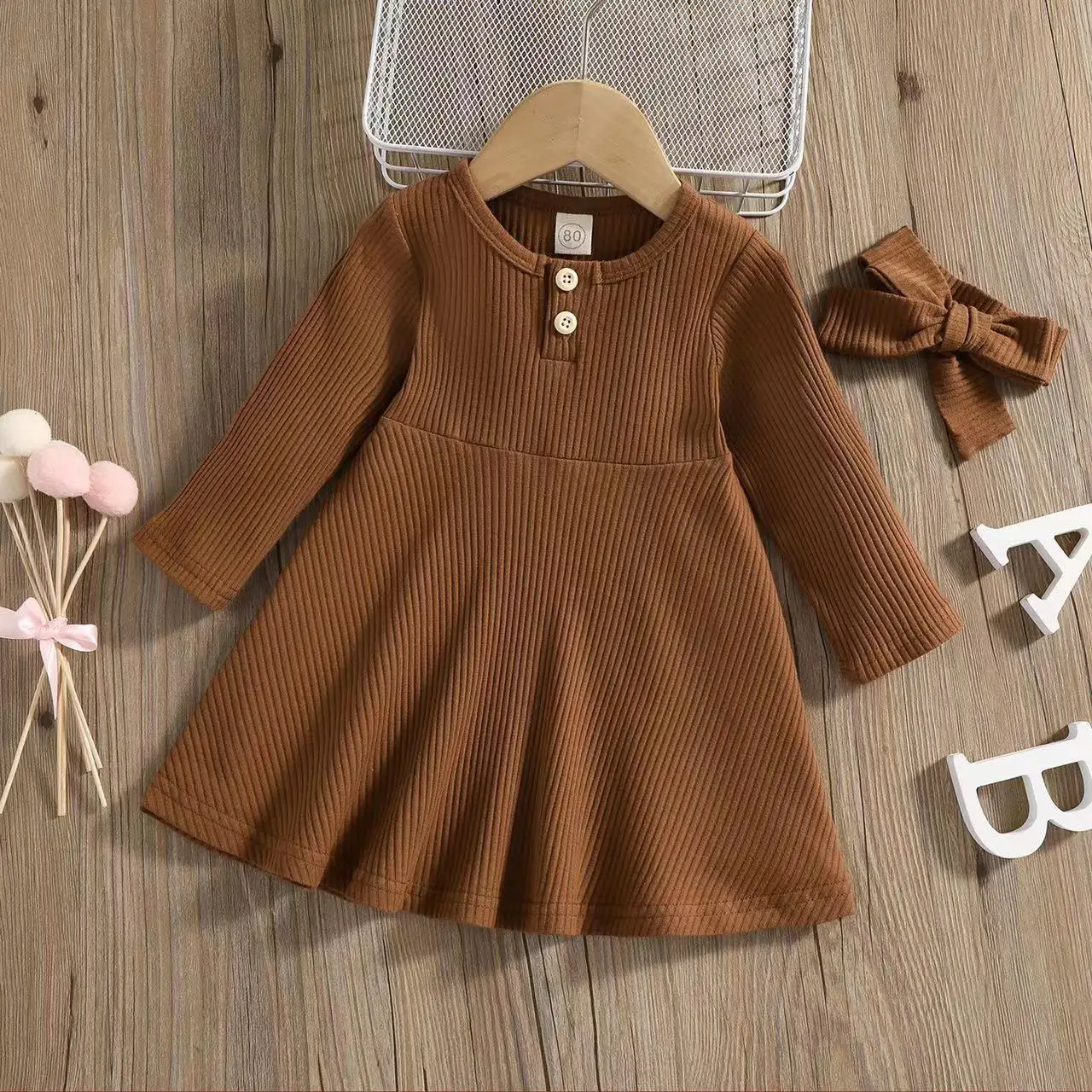 Hot Sale Infant Toddler Kids Baby Girls Dress Soft Knitted Long Sleeve Button Dresses For Girls Autumn Spring Clothing