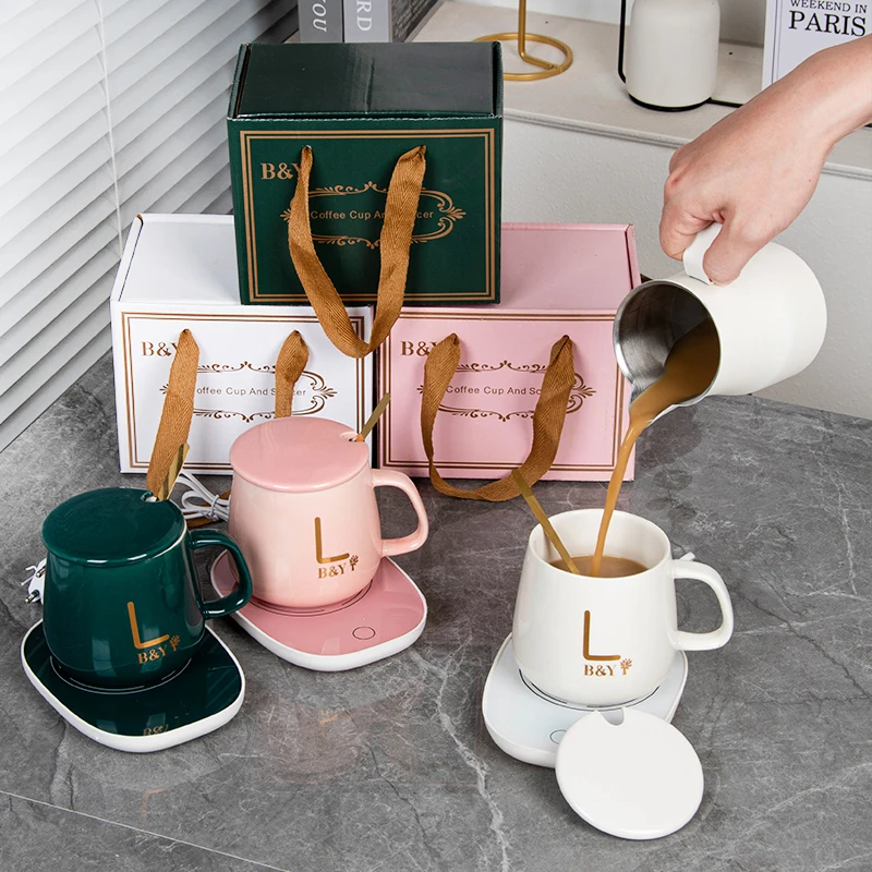 Custom Logo USB Office Home Gift Smart Ceramic Warmer Cup Heater Heating Pad Temperature Control Water Coffee Mug Set