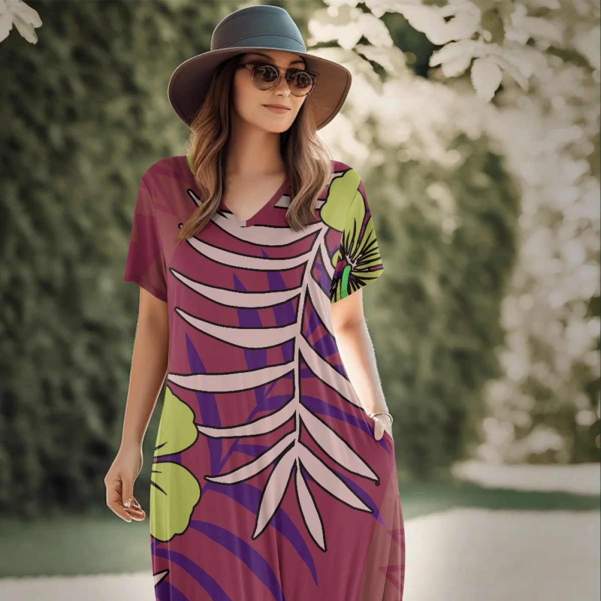 Dropshipping Maxi Vestido with Pockets Custom Polynesian Tribal Tattoo with Flower & Leaf T Shirt Dress with Pockets Max Dress