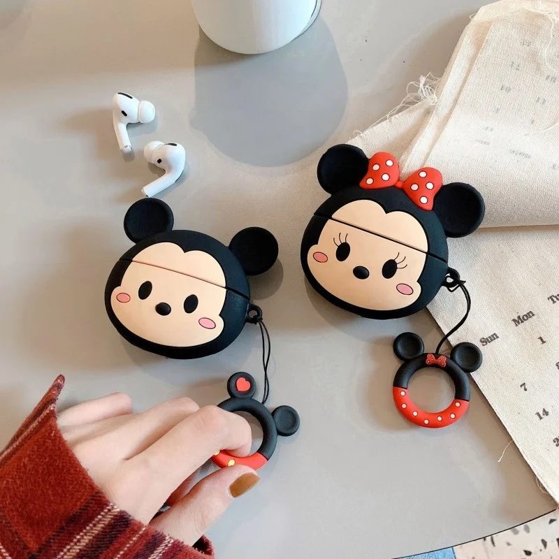 Cartoon Mickey & Mini silicone Case for apple earphone Protection Cover TWS headset earbud box  for Airpods pro case + ring