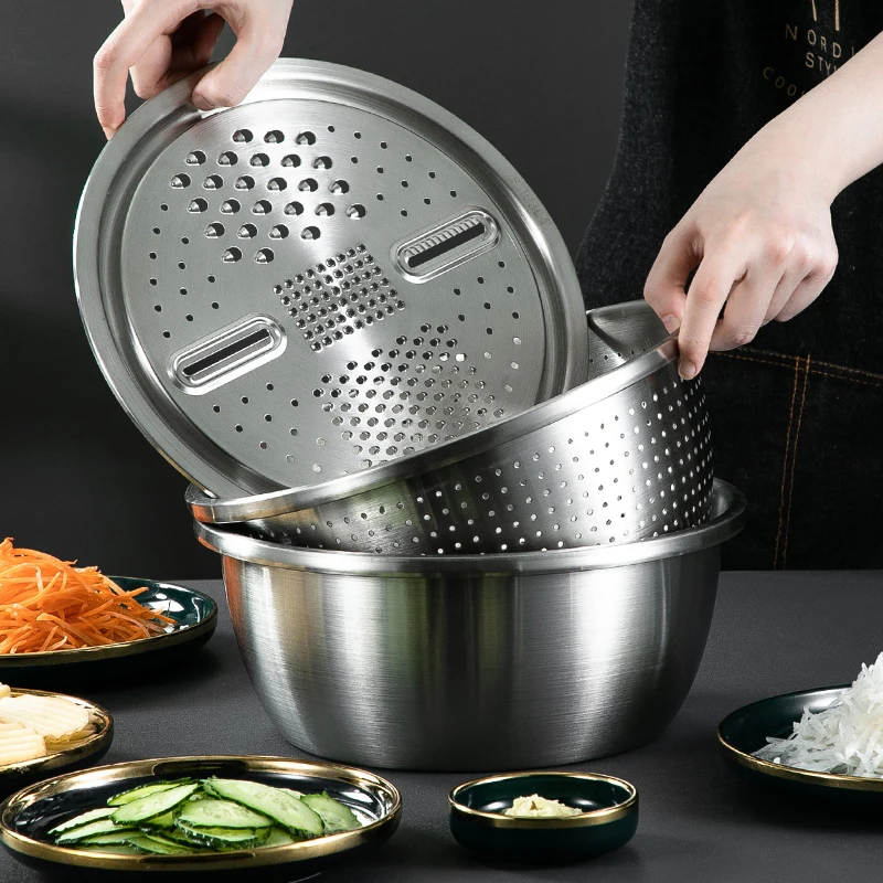 Customized 3 In 1 Food Grater Rice Sieve Vegetable Grater Slicing Basin Washing Colander Grater Stainless steel Mixing Bowls