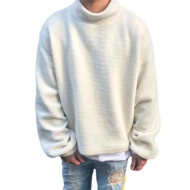 2021 Wholesale clothes autumn casual plain white stand neck plush top trend loose high collar sweater for men