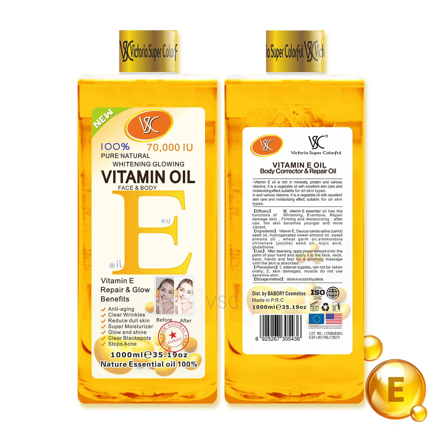 Logo Custom High Quality 1000ml Essential Oil Super Whitening Massage Oil Skin Anti-Aging Dark Spot Removal VC Massage Oil