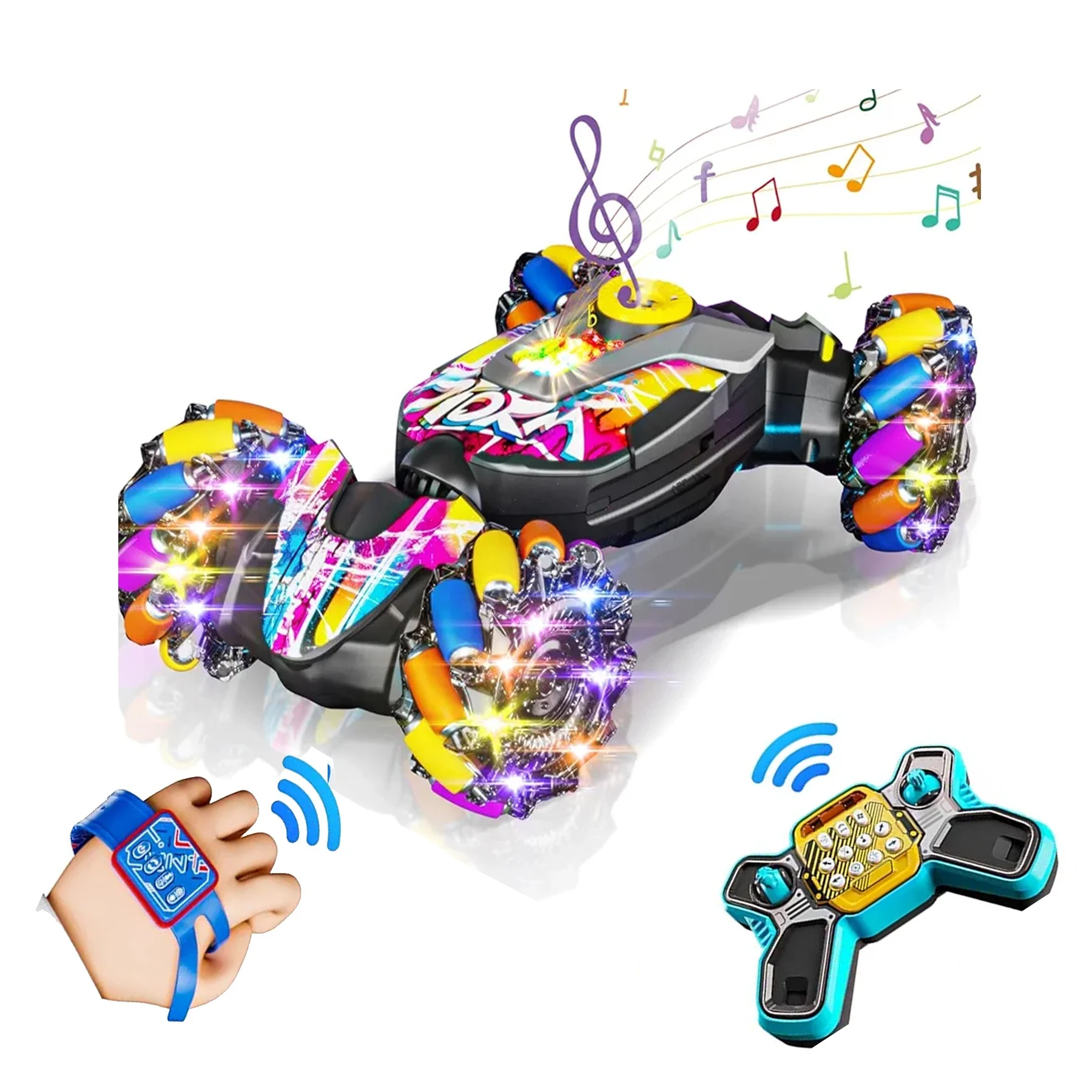 KK DUAL REMOTE CONTROLLED 360 Degrees Remote Control car, Gesture Watch Car,Gesture Sensing Rc Stunt Car with Light Music Spray