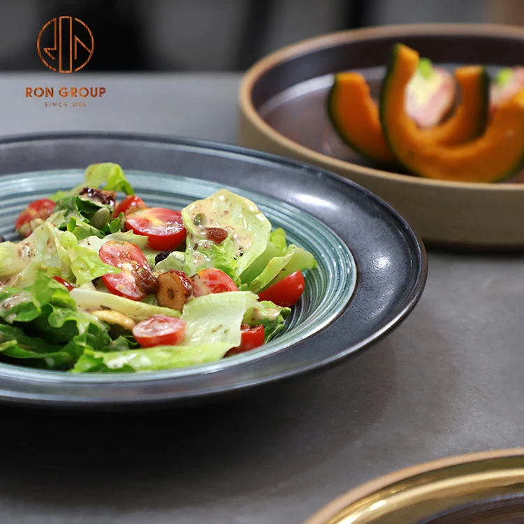 wholesale nordic porcelain tableware round gold green color dinner dishes set restaurant ceramic plates