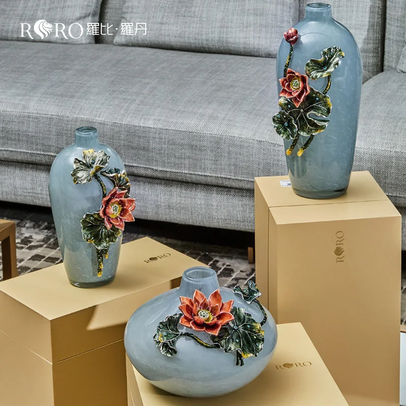 RORO home decor modern luxury table decoration light blue enamel painting flower colored glass vase for hotel home restaurant