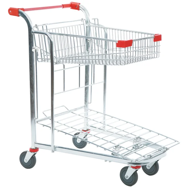 KAIJIA 2-tier metal folding shopping cart warehouse transport steel cargo logistic trolley flat trolley
