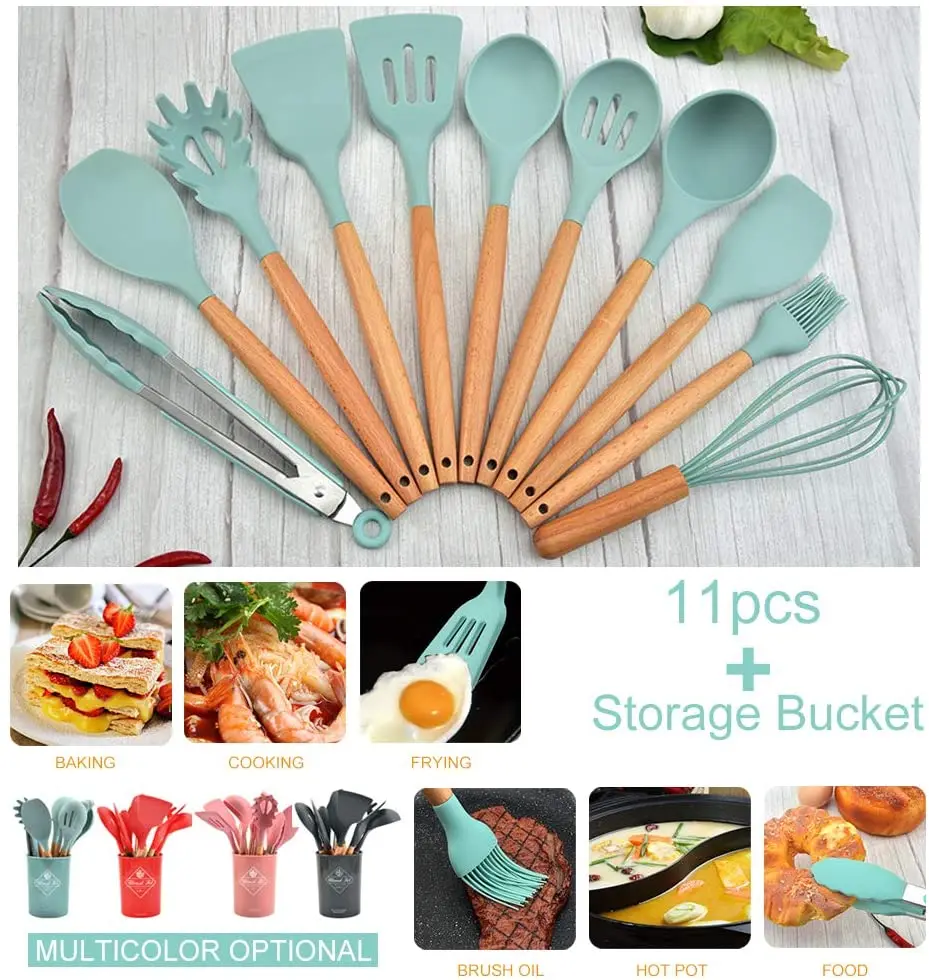Reusable Adaptive Silicon Cooking Skimmer Stainless Steel Wood Tools Camping 12 Pcs Silicone Kitchen Utensil Set