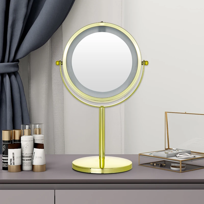 Оптовая продажа хромированное металлическое настольное зеркало для макияжа вращение 360 с подставкой подсветкой двусторонняя популярная домашнего использования