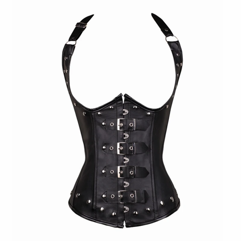 Black Halterneck Lace Up Sexy Women Leather Steampunk Underbust Waist Trainer Corset Bustiers Gothic Lingerie Slimming Top