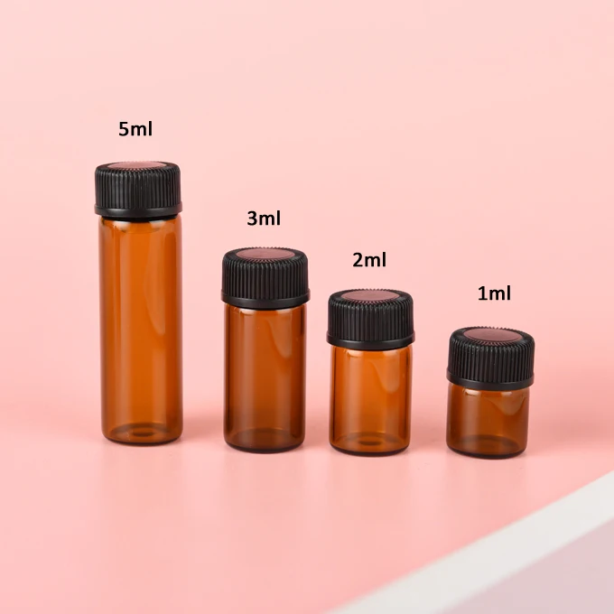 Vials  1ml 2ml 3ml 5ml mini amber sample essential oil glass bottles with black screw cap plastic orifice reducer