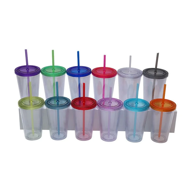 Hot Selling 16Oz Bpa Free Kids Man Woman Colored Double Wall Outdoor Drinking Plastic Acrylic Water Bottles Cups With Wide Straw