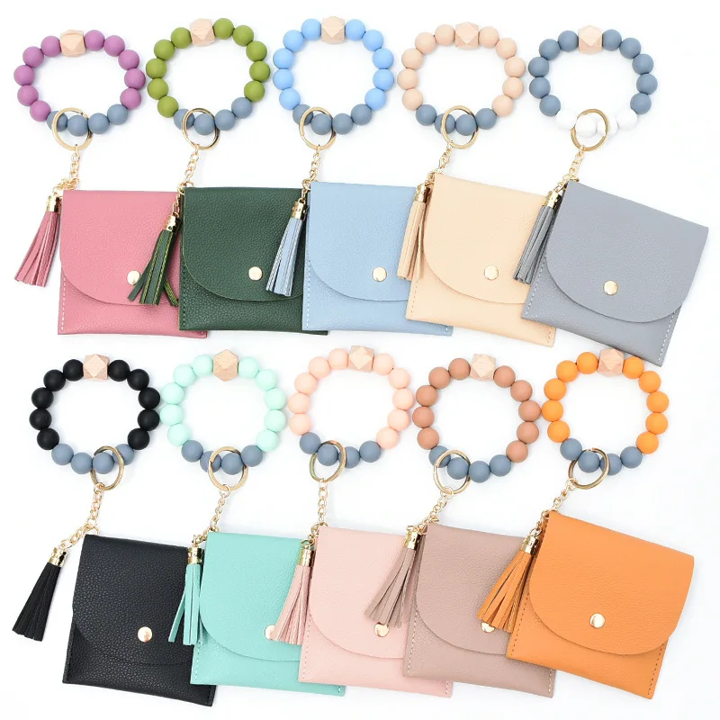 Tassel Key Ring Bangle Purse Designer Leather Card Holder Silicone Beaded Wristlet Keychain Wallet