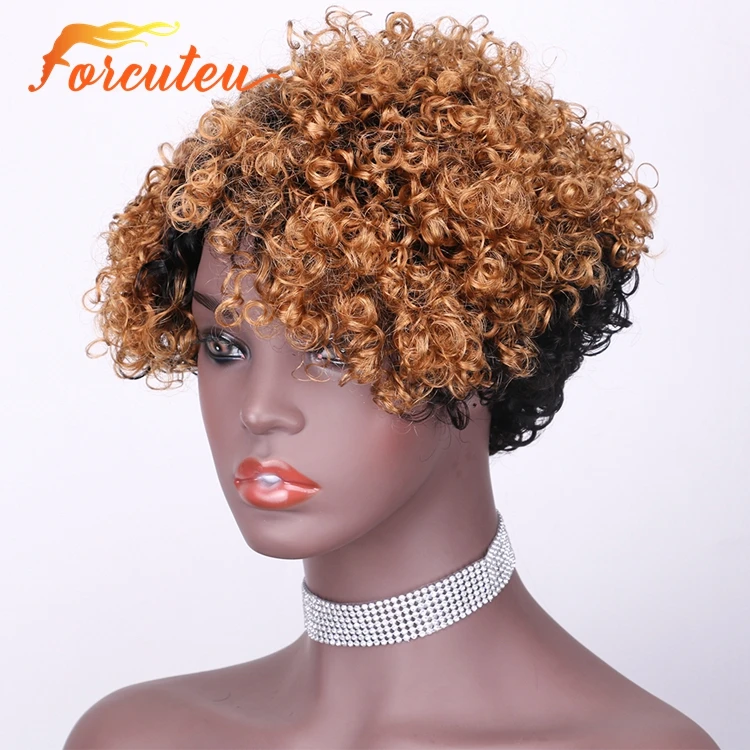 Unprocessed Brazilian 7 inch Short Kinky Curly Bangs Ombre Blonde No Lace Cuticle Aligend Virgin Human Hair Wig For Black Women