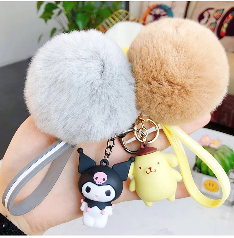 Cartoon Penguin frog rabbit keychains with fluffy rabbit fur ball key chain Women Girls bag pendant car keyring charm gifts