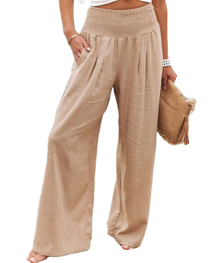 Free Shipping Women Comfy Cotton Linen Solid Color Elastic Loose Wide Leg Lounge Pants With Pockets