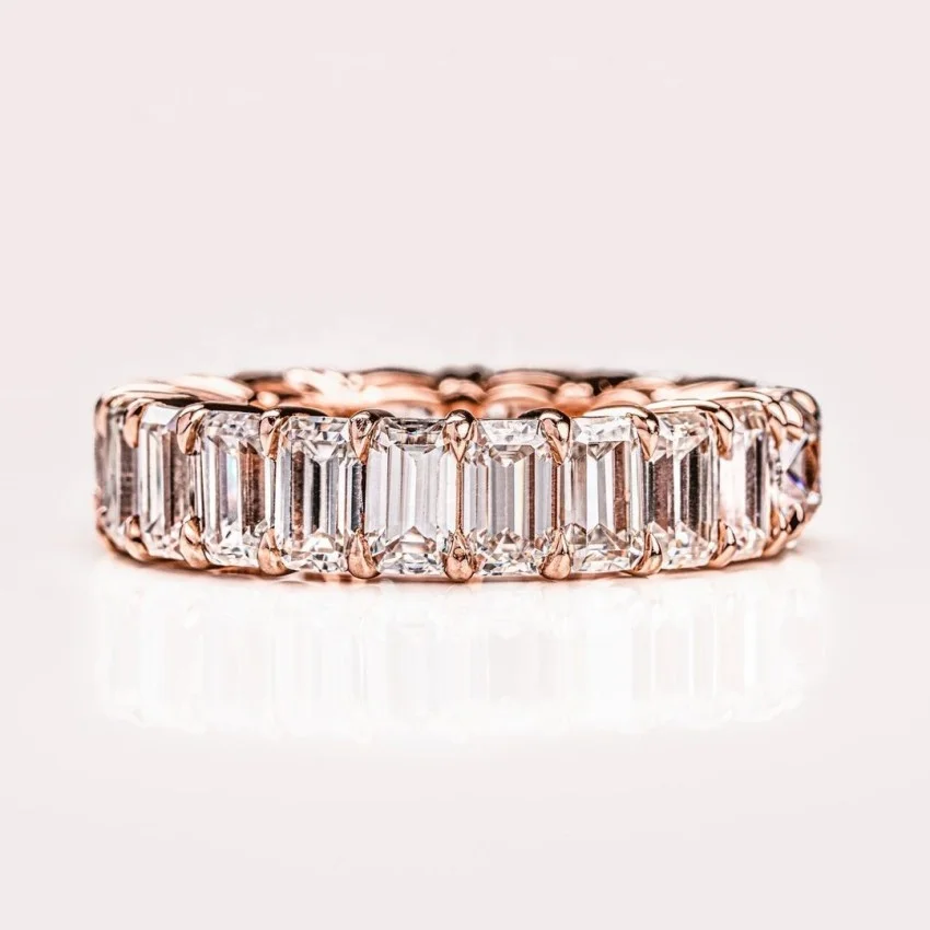 14K Solid Rose Gold Moissanite Wedding Band Ring Emerald Cut Round Cut Moissanite Eternity Ring For Women