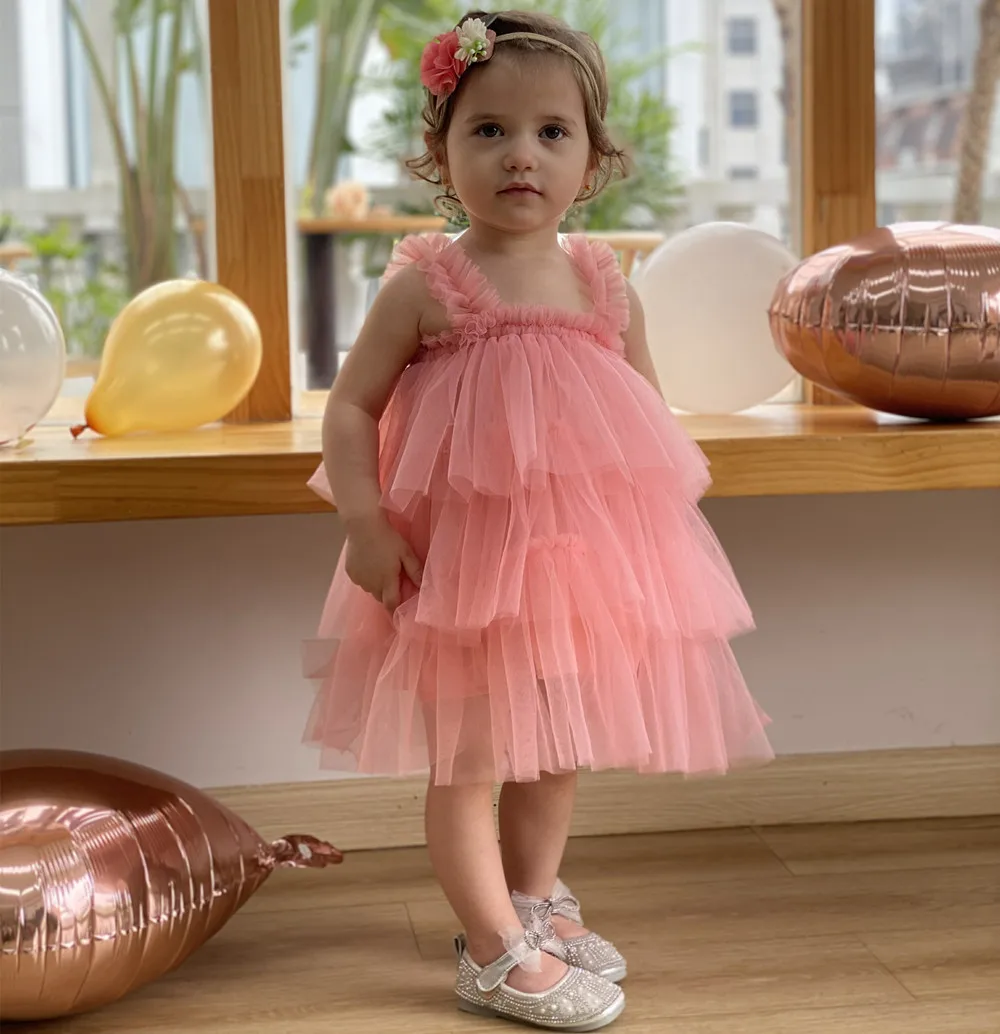 New design summer 1-3-year-old baby girl solid color lace skirt sweet girls sleeveless sling mesh princess party tutu dress