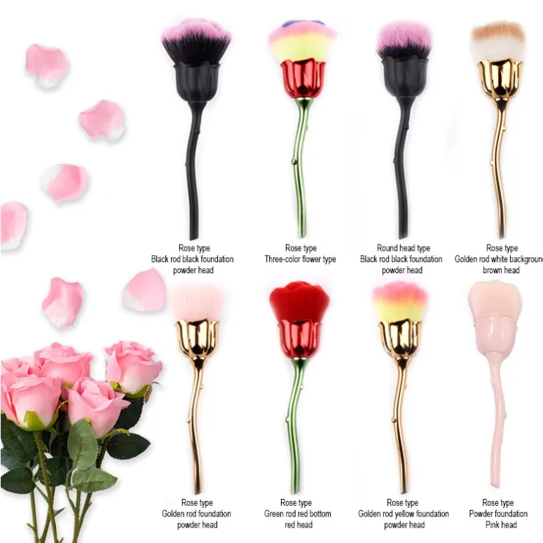 Aokitec Rose Flower Shape Long Handle Makeup Cleaner Manicure Tool Nail Dust Brushes