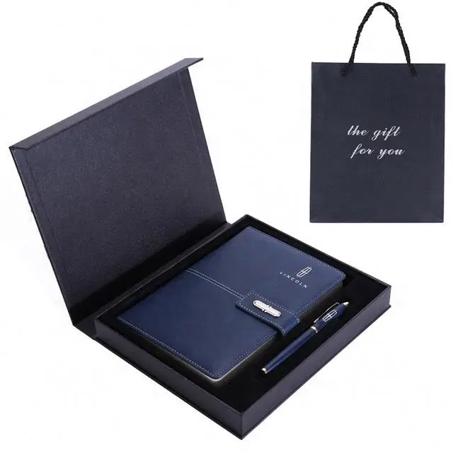 Custom 2023 Luxury Refillable Stationery Diary Notebook Gift Set Business Black Pu Leather Magnetic A5 Journal With Box And Pen
