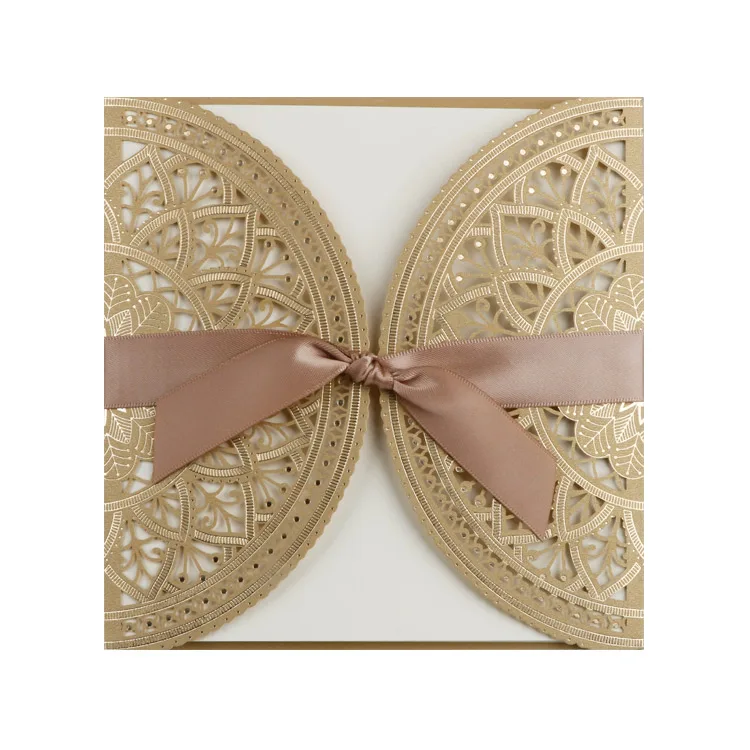 
 Элегантный рукав лебедь лазерной резки Золотое Свадебное приглашение оптовая продажа шелковая лента ручной работы Folio Свадебное приглашение с конвертом  