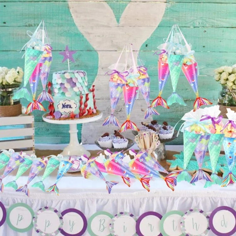 48PCS/set Mermaid Paper Candy Gift Box Hanging Dessert Bags Gifts Girls Wedding Birthday Mermaid Party Favors Decoration