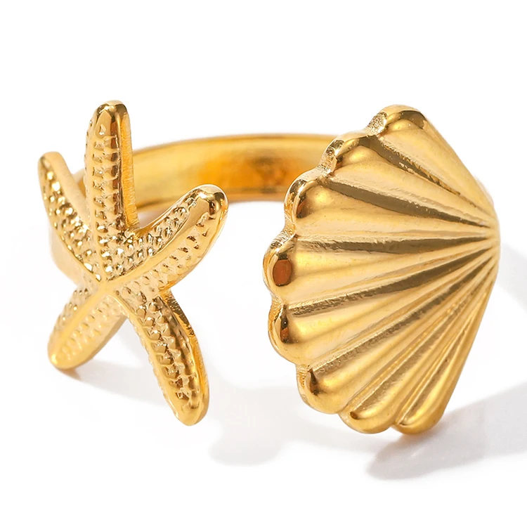 G2746 Wholesale Anillo Stainless Steel 18K PVD Gold Plated Tarnish Free Shell and Starfish Rings For Girls Fashion Jewelry Rings