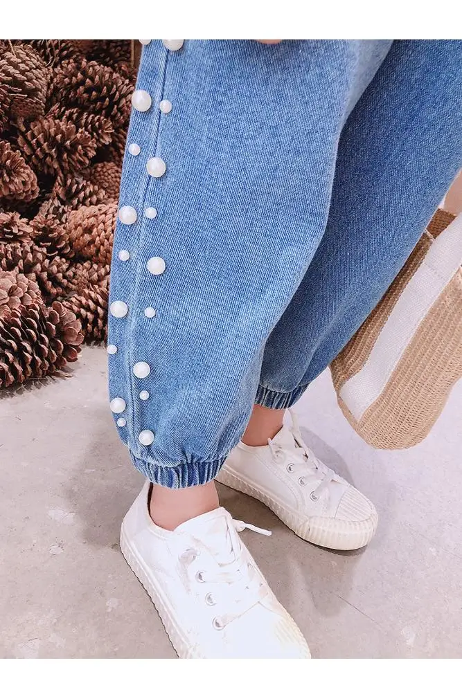 
2020 autumn Korean kids children beaded light-colored beam casual trousers pearl Girls long jeans 