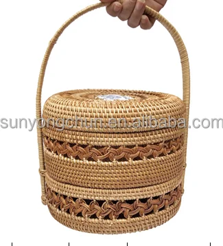 Food Safe Great Rattan Handwoven Fruit Tray Wicker Basket Picnic Basket with Handle-2 Layer