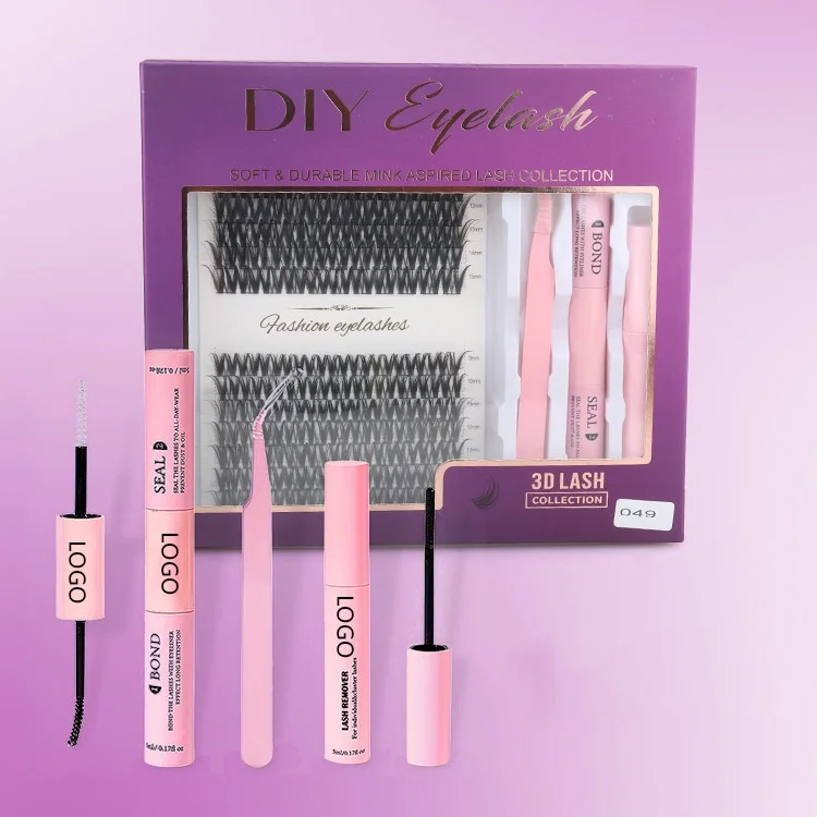 Heart Girl DIY Lashes Set Cluster Eyelash+Tweezers+Remover+Bond&Seal Purple Box Custom Private Logo