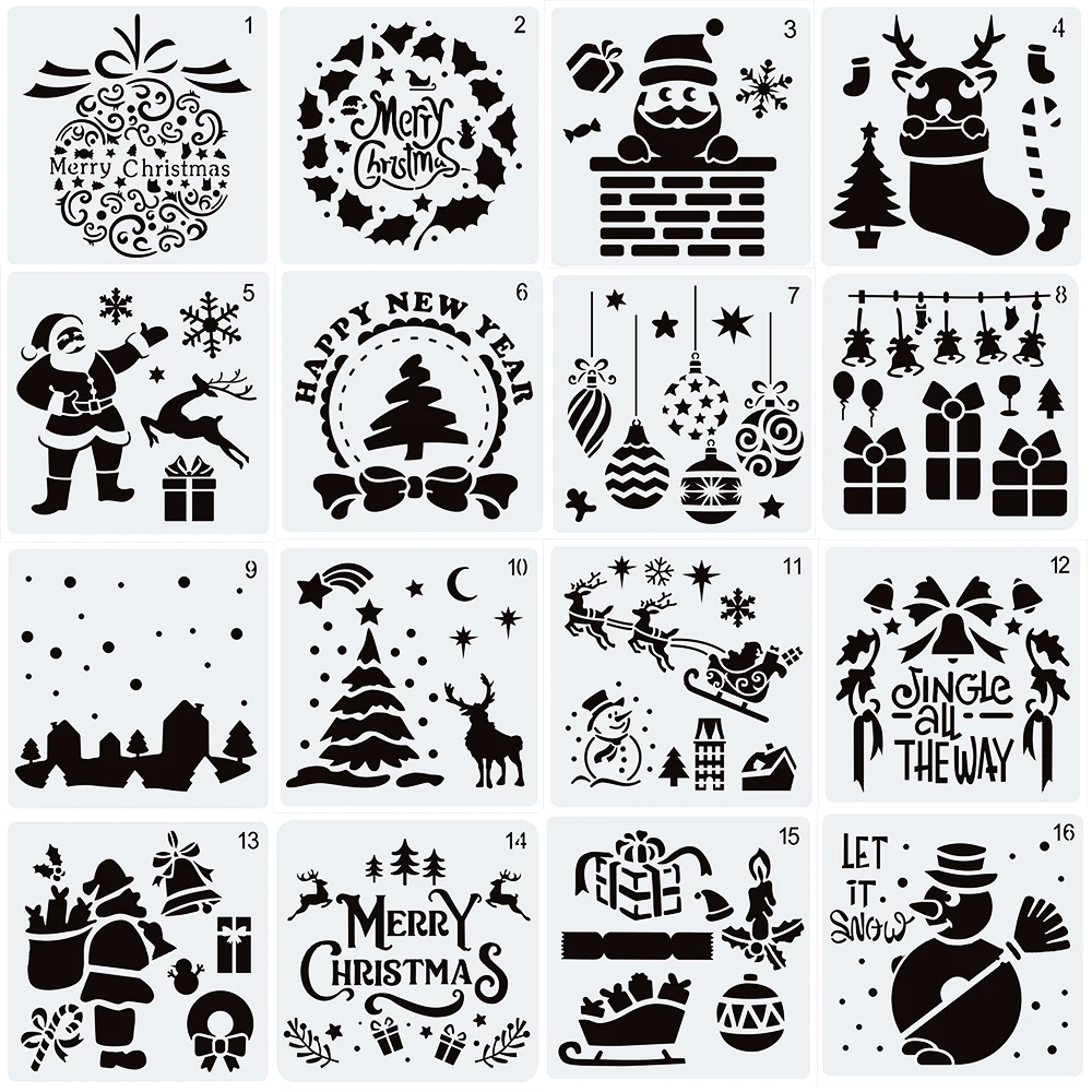 16 Pcs Reusable PET Christmas Stencils for DIY Art Drawing Painting Spraying