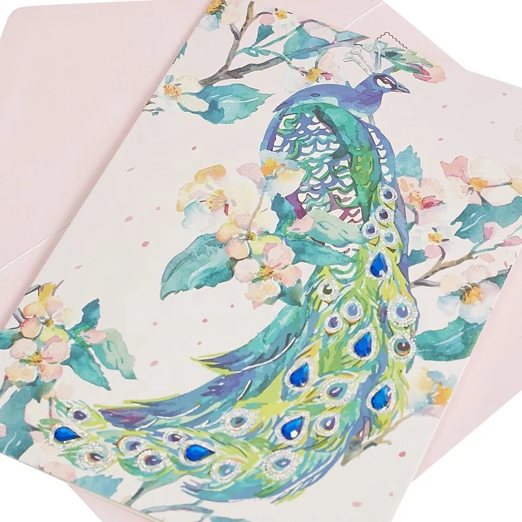 
Wholesale Custom Handmade Shiny Glitter, Elegant Peacock Thanke You Greeting Cards with Gems 