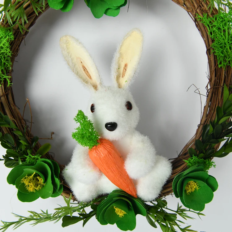 Hot Selling Special White Bunny Green Wood Flower Garland Natural Green Moss Easter Decoration Ratton Wreath