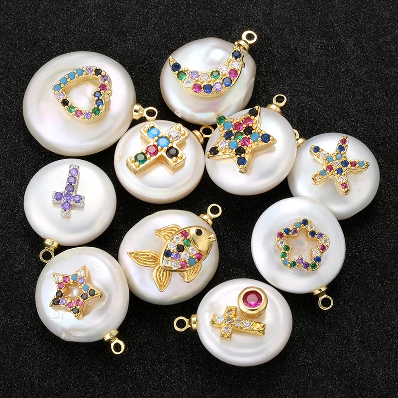 Delicate designer jewelry making gold plated paved colorful zircon charms fresh water pearl pendant