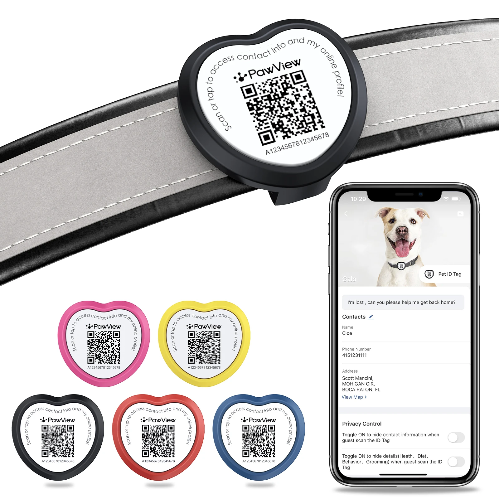 Pawview Durable QR Code Pet Cat Dog ID Tag Multi Colors NFC Silicone Dog Collar Tag Pet ID Anti-lost Tag with Heart Shaped