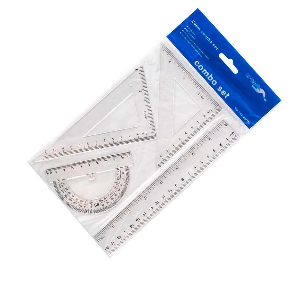 4 Pcs Plastic Clear Ruler Math Set Includes Protractor Triangle Rulers Straight Ruler for School Office Home Supplies