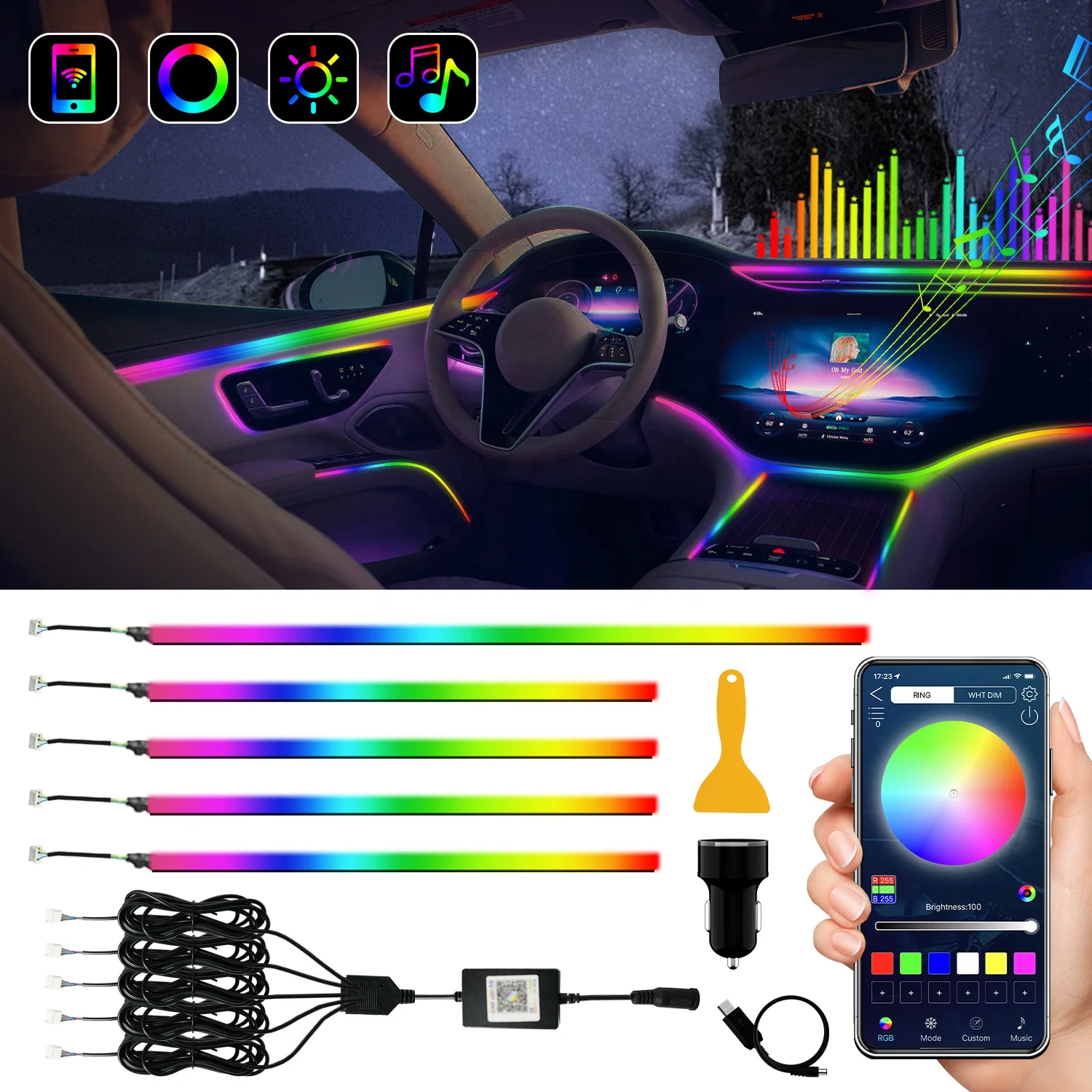 1 IN 18 Car Interior Atmosphere Light Kit Strip RGB Neon Acrylic Fiber Optic Accessories LED Lights Decoration Ambient Lighting