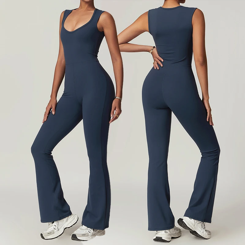 New Womens One Pieces Gym Sets Activewear Tight Sports Yoga Jumpsuit Casual Flared Pants Fitness Wear Stretch Workout Bodysuits