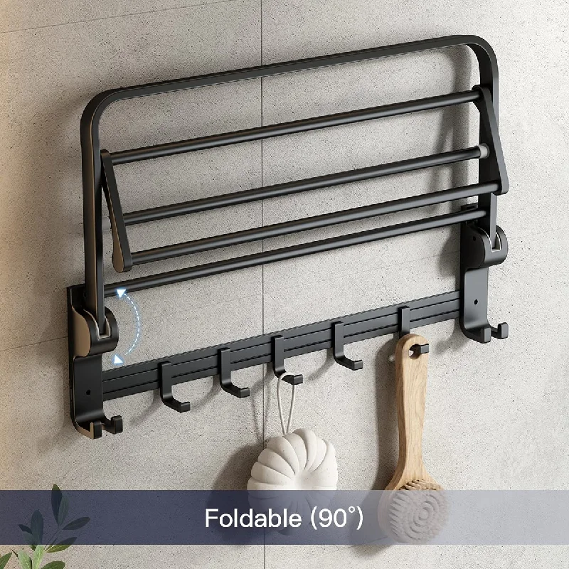 Modern No Drilling Self Adhesive Bath Towel Racks Bathroom Towel Roller Holder Foldable Square Black Towel Bars With Hooks