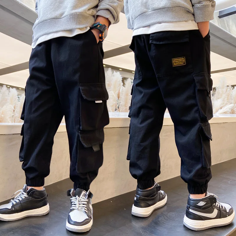 2022 Fall Winter Fashion Teenager Boy Army Green Cargo Trousers Stylish Black Pocket Pants 5-15 Years