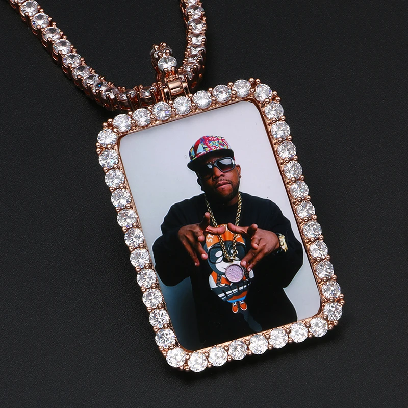 Wholesale Picture Necklace 45mm Gold Plated Brass AAAAA CZ Diamond Iced Out Rectangle Custom Photo Pendant Memory Jewelry