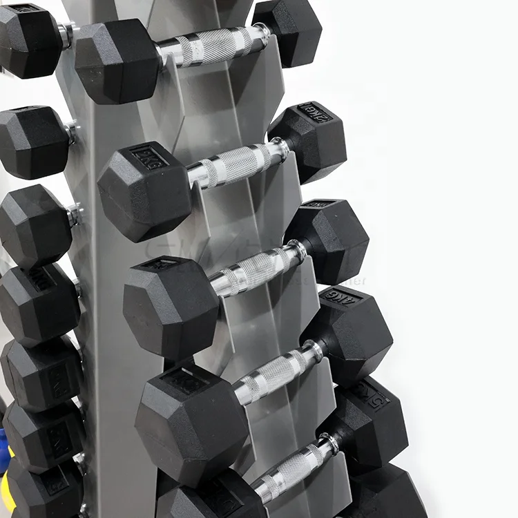 custom 10 set pair triangle hex dumbbell small storage rack stand vertical