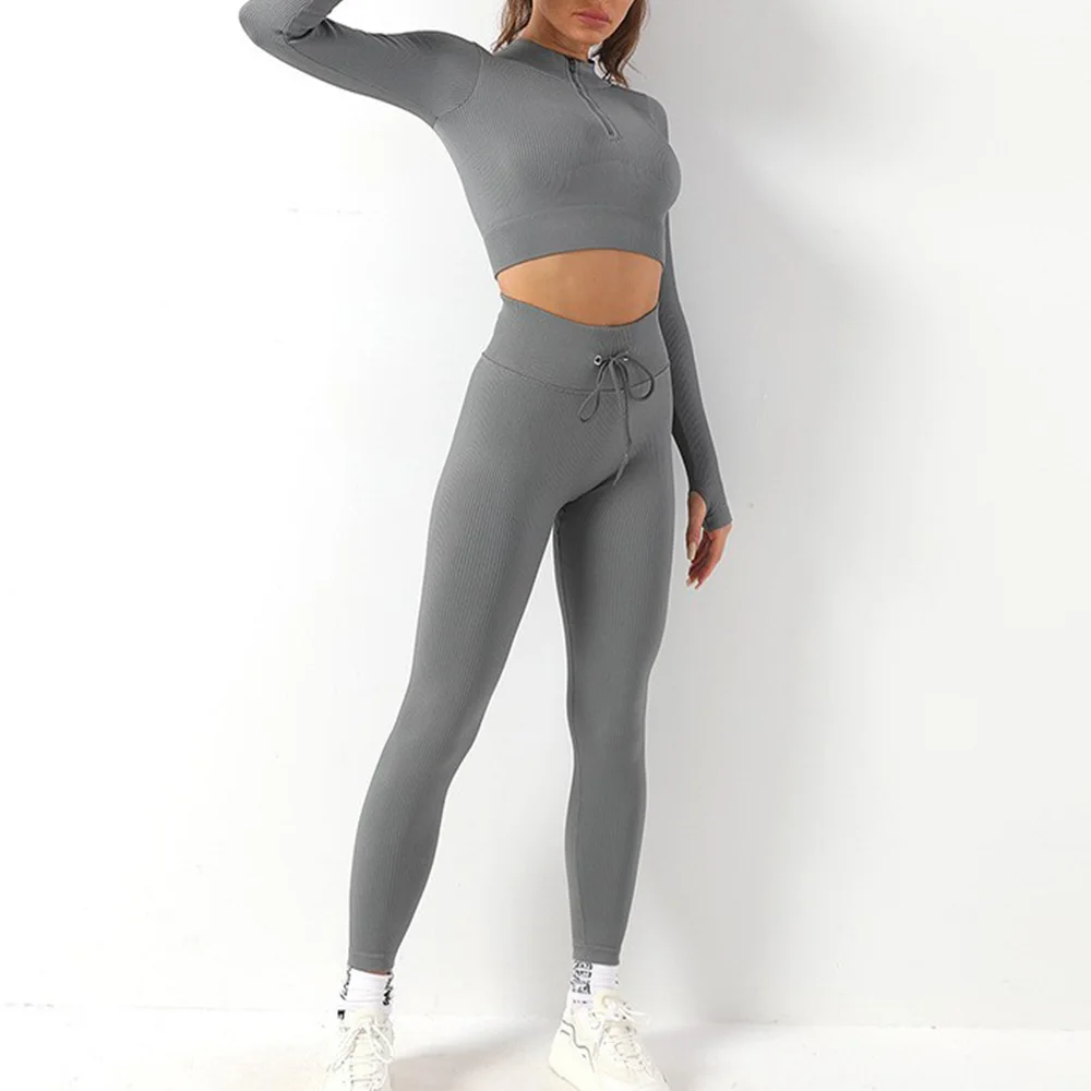New Arrival Seamless Outfits Long Sleeve Shirt And Leggings 2 Piece Yoga Set For Women