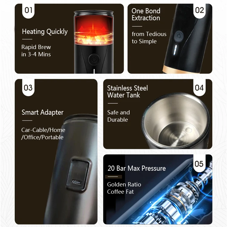 Electric Press Long Lasting Battery Operated Coffee Maker Portable Home Traveling Espresso Machine Mini Stainless Steel Outdoor