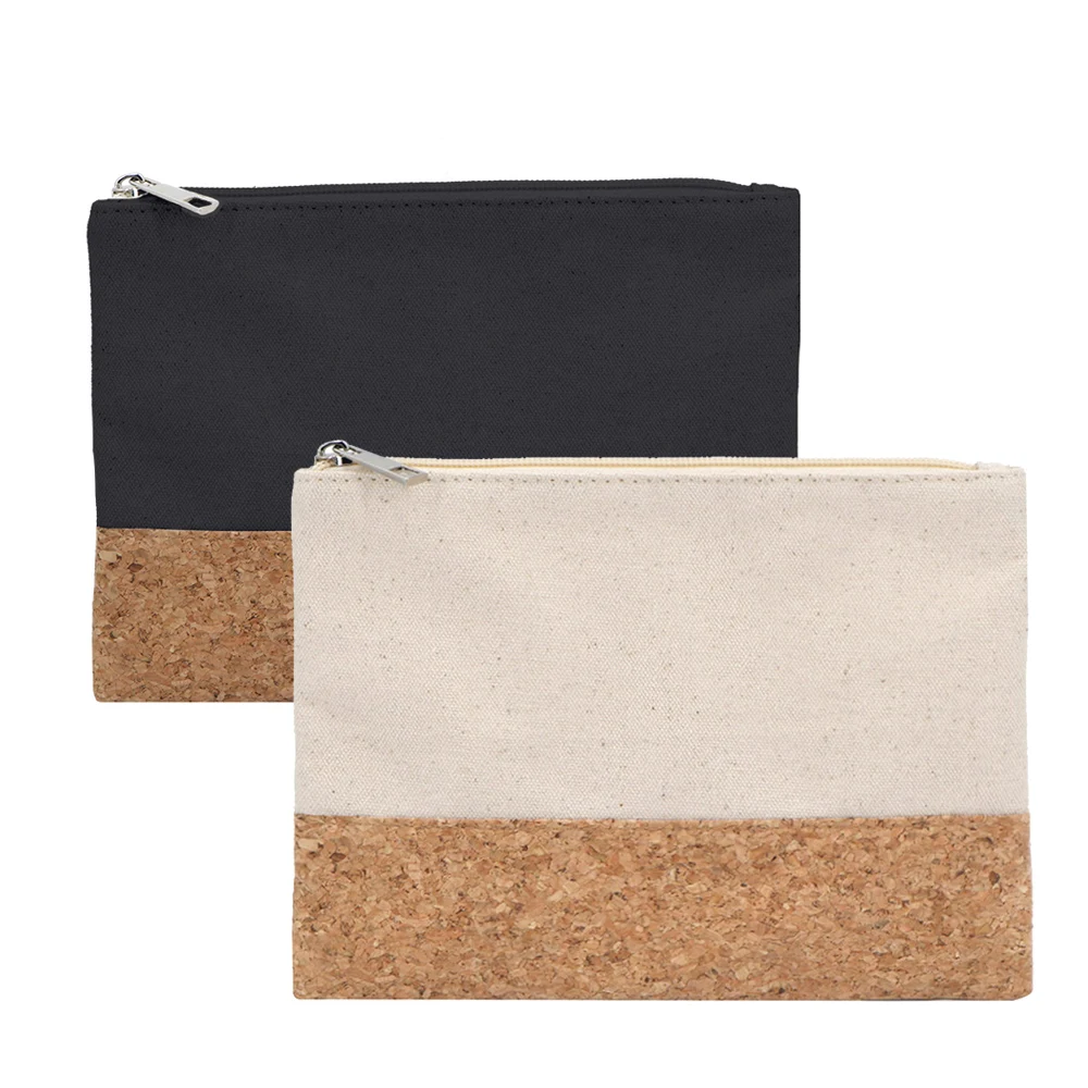 Custom Logo Design Eco Friendly Cork Makeup Cosmetic Organizer Bag Cotton Canvas Natural Multifunctional Gadget Storage Pouch