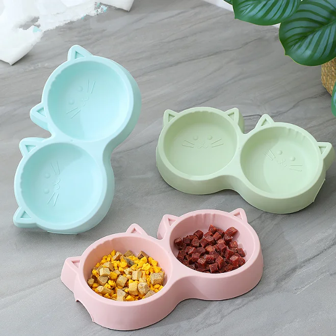 New Design Wholesale Cat Head Cat Dog Feeder Plastic Double Bowl Pet Food Bowl Feeder