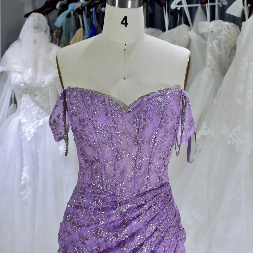Wholesale new purple off-shoulder hand-pleated high-quality evening dress sexy mini skirt cocktail party dress