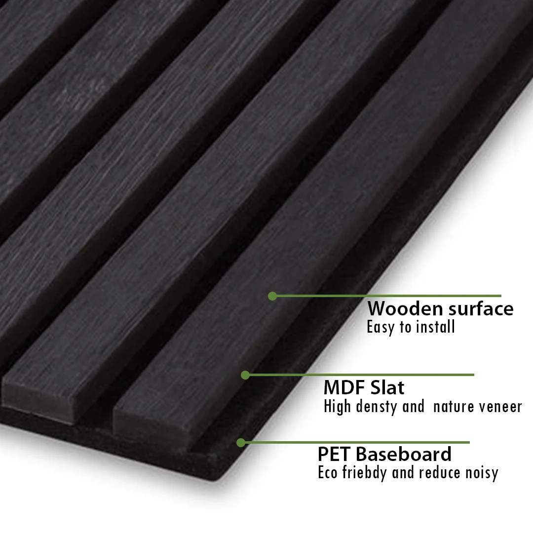 KASARO 2400*600mm Black Soundproof Panel 3D Grille design soundproof wooden slatted Wall Panels and Boards for hotel
