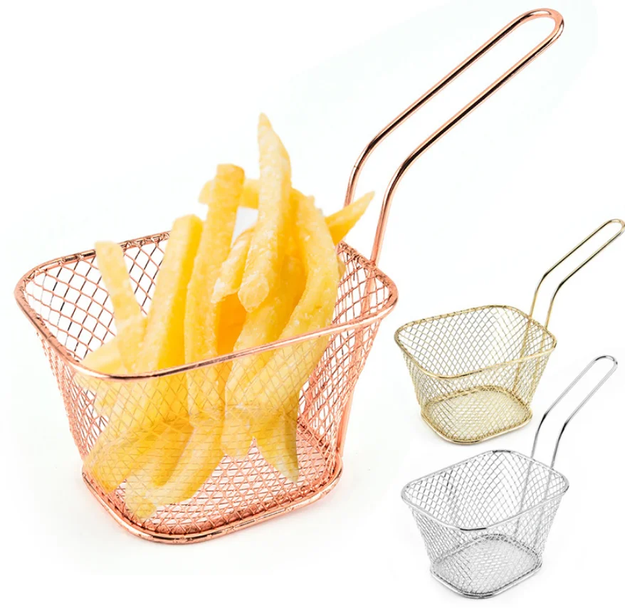 Food Grade 304 Stainless Steel fry serving basket with long handle for chips chicken and shrimps