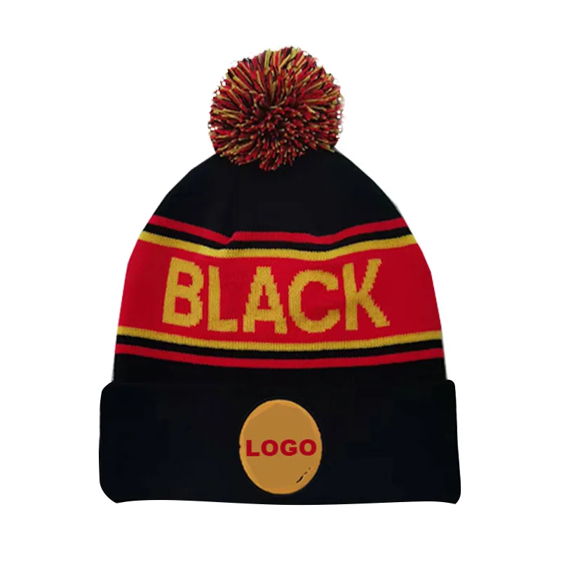 Custom Beanie/100% Acrylic Your Own Embroidery Logo Jacquard Letter Knitted Beanie Hat Custom Winter Hat With Pom Pom